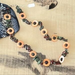 $49 SALE Handmade Chunky Necklace Green Rust Marbled Fossil Lava Stone Shell